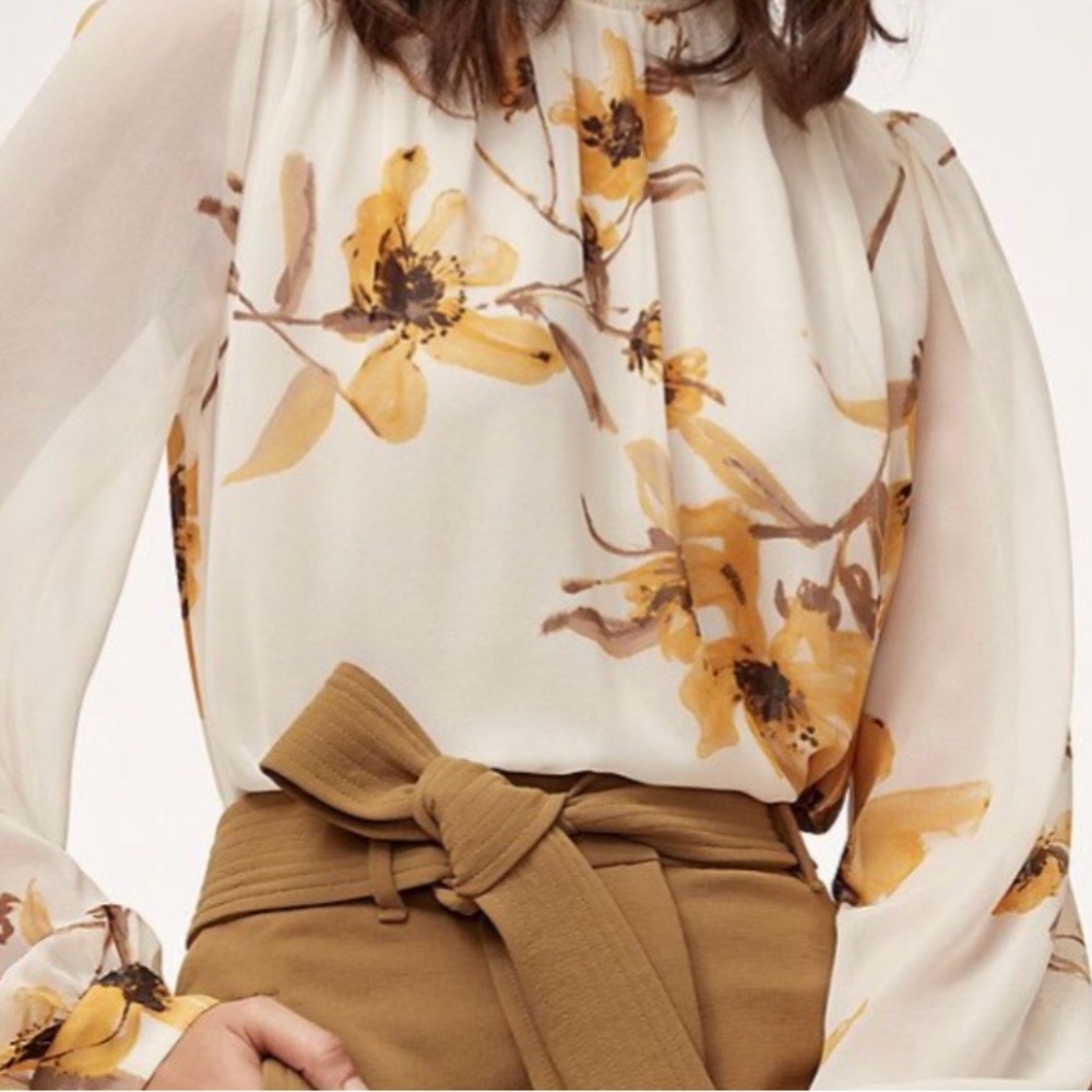 Aritzia Wilfred Wuthering SzM smocked chiffon yellow floral Blouse